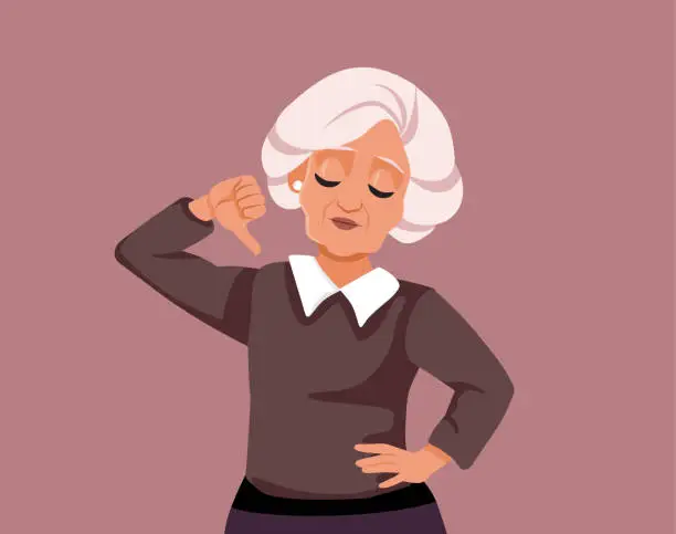 Vector illustration of Senior Woman Holding Thumbs Down Giving Negative Feedback