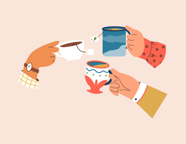 Hands holding cute cups or mugs with tea and tea bags, flat vector illustration isolated on beige background. Hands holding cute cups or mugs with tea and tea bags, flat vector illustration isolated on beige background. Friends drinking tea together. Concepts of party and cozy hot beverages. cup of tea hands stock illustrations