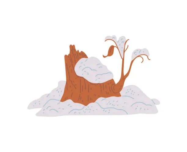 Vector illustration of Snowdrift around tree stump, hand drawn flat vector illustration isolated on white background.
