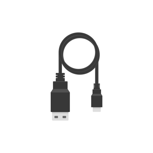 ilustrações, clipart, desenhos animados e ícones de cabo de carregamento com porta usb, ilustração vetorial plana isolada no fundo branco. - usb cable cable black isolated