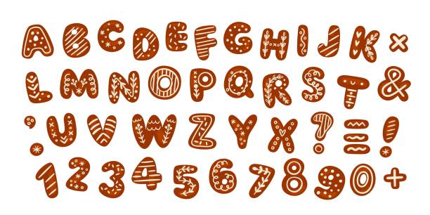 istock Ginger cookie alphabet. Cartoon gingerbread uppercase letters or numbers with sugar glaze patterns. Christmas biscuit font. Pastry typeface. Dessert symbols. Garish vector alphabetical set 1441528286