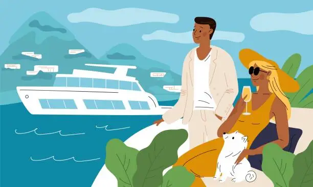 Vector illustration of Luxury people life. Rich couple on terrace watching yacht in bay. Tropical sea resort. Woman in wide brimmed hat. Millionaire in suit. Billionaires summer vacation. Garish vector concept