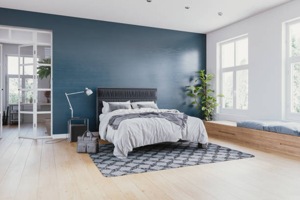 dormitorio de estilo escandinavo - bedroom blue bed domestic room fotografías e imágenes de stock