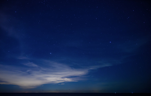 Starry night sky over calm sea beach