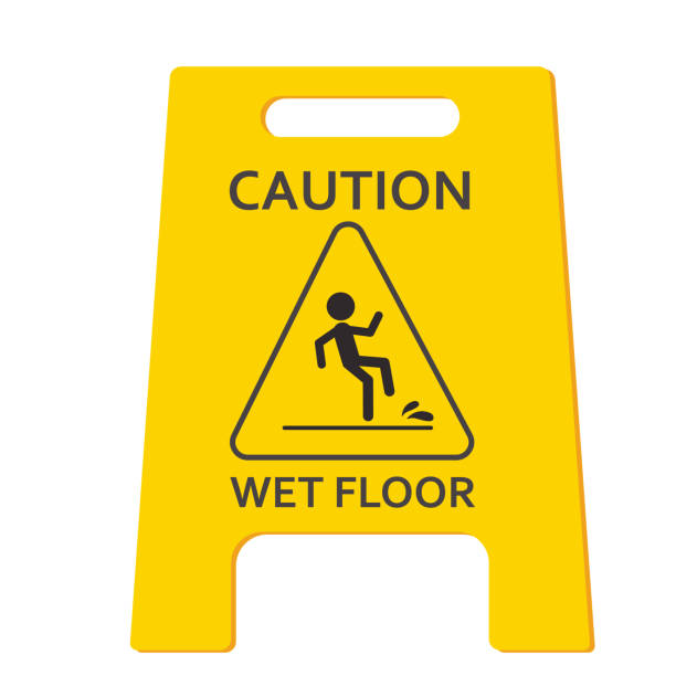 istock Wet floor caution warning sign, yellow symbol isolated on white background.Public warning yellow symbol clip art. Slippery surface beware plastic board. Vector illustration 1441533218