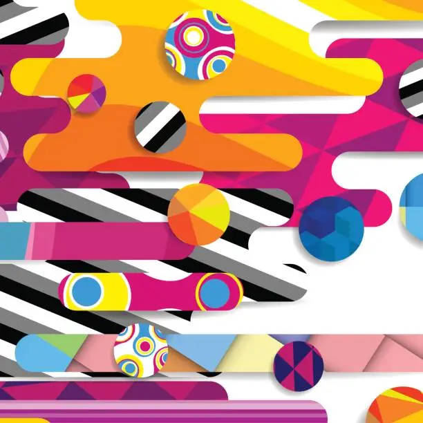 Vector illustration of Futuristic vector abstract background made of rounded shapes, stripes, lines and circles with fashion patterns.