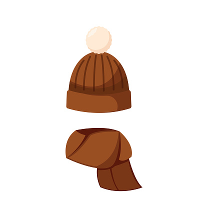 Brown Child Hat with Bubo and Scarf, Kids Headwear For Cold Weather. Autumn or Winter Season Knit Textile Cap Accessory