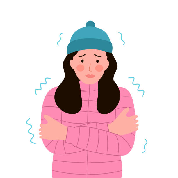 kobieta drżąca z zimnej pogody w płaskim designie na białym tle. - shivering stock illustrations