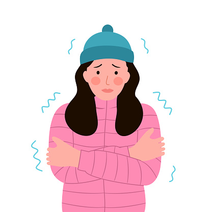 Woman shivering from cold weather in flat design on white background.