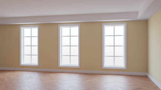 istock Beige Walls Interior, Three Large Windows, Light Glossy Herringbone Parquet 1441536267