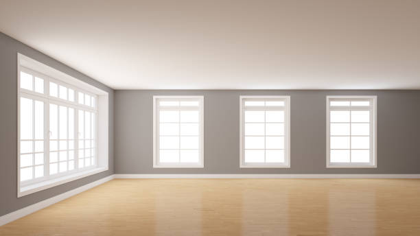 istock Empty Interior with Grey Plastered Walls, a Large Window on the Left 1441536290