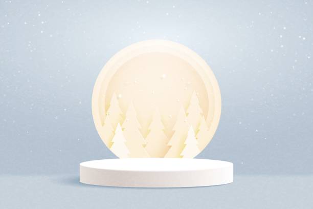 istock Abstract 3d white cylinder pedestal podium and christmas tree background. Minimal winter scene for product display presentation. Vector illustration. 1441539558