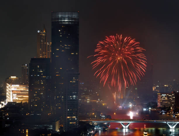 istock High angle view Fantastic Multicolor Long Exposure shot of Fireworks over Chao Phraya River, Cityscape of Bangkok, Festival, Celebration, Happy New Year, Business Architecture. 1441539652