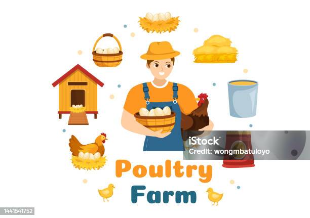 Poultry Farming With Farmer Cage Chicken And Egg Farm On Green Field  Background View In Hand Drawn Cute Cartoon Template Illustration Stock  Illustration - Download Image Now - iStock
