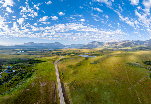 Stitched Panoramic Aerial Picture of Waterton Lakes National Park, Alberta, Canada\n\n(Filmed outside the National Park boundaries with DJI Mavic 3 Cine)