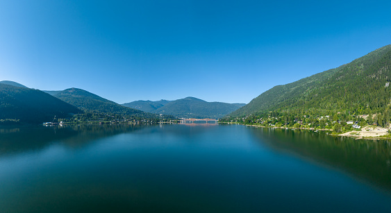 Aerial Panoramic View of The City of Nelson and Kootenay River in Summer, British Columbia, Canada