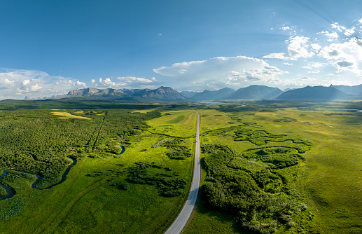 Stitched Panoramic Aerial Picture of Waterton Lakes National Park, Alberta, Canada\n\n(Filmed outside the National Park boundaries with DJI Mavic 3 Cine)