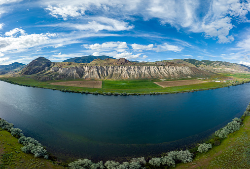 Aerial Panoramic View of Kamloops Agricultural Area and South Thompson River in British Columbia, Canada
