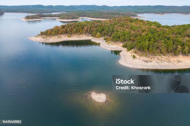 Aerial View Of Landscape Of Water Of Broken Bow Lake And Islands With Forest On The Bank Oklahoma Stock Photo - Download Image Now