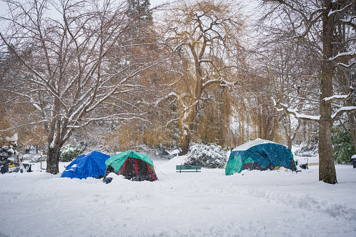 Homeless living in tents in the snow in Victoria, BC.