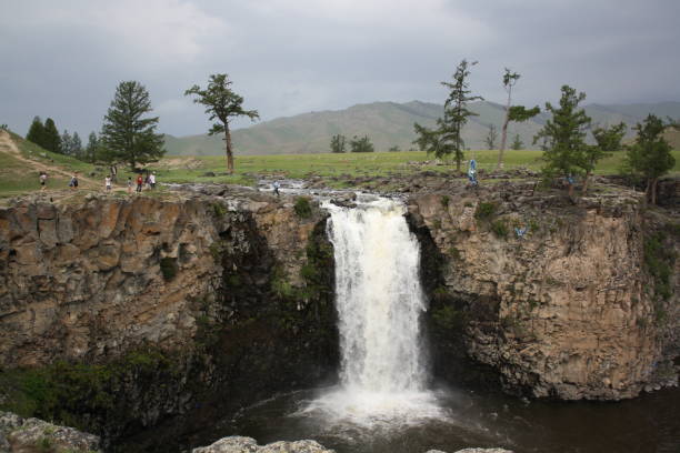 Orkhon waterfall in the huge steppe of the Orkhon valley, Ovorkhangai region, Mongolia. stock photo