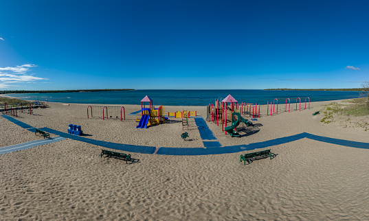 Aerial Panoramic Picture of a Playground on a beach in Providence Bay, Manitoulin Islands, Ontario, Canada