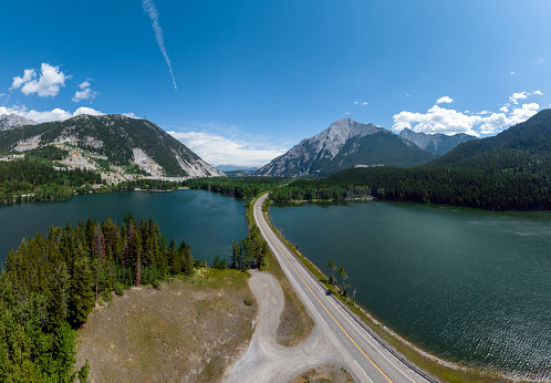 Aerial Panoramic Picture of Canadian Rockies Landscape and Crownnest Highway between Alberta and British Columbia, Canada