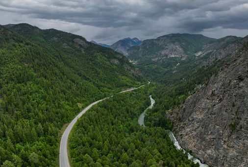 Aerial Panoramic View of Canadian Rockies Landscape and Highway 99 in British Columbia, Canada