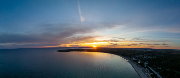 Aerial Panoramic Picture of a Sunset in Providence Bay, Manitoulin Islands, Ontario, Canada