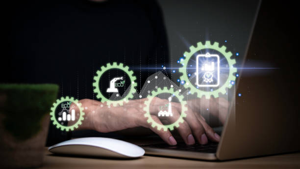 istock Person holding a tablet technology looking at the graph of pollution reduction or contaminants, toxic substances in industrial plants to obtain an environmental certificate.. 1441548733