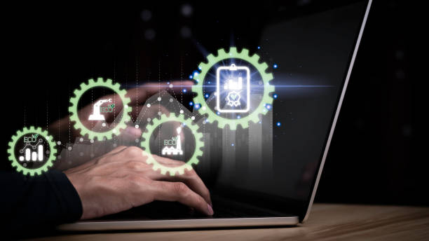 istock Person holding a tablet technology looking at the graph of pollution reduction or contaminants, toxic substances in industrial plants to obtain an environmental certificate.. 1441548821