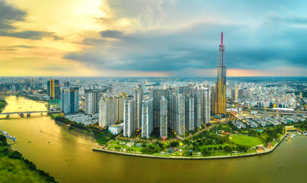 Top view aerial of center Ho Chi Minh city, Vietnam stock photo