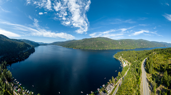 Aerial Panoramic View of Christina Lake and Canadian Rockies Landscape in British Columbia, Canada