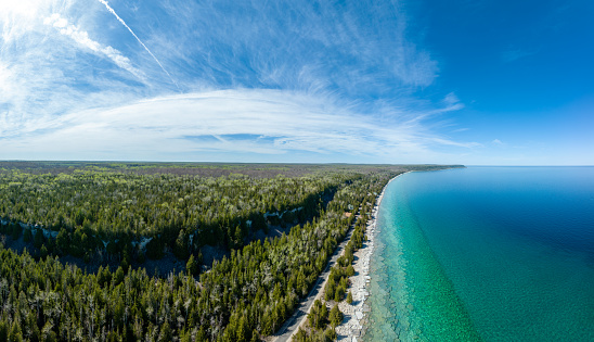 Aerial Panoramic View of Coastline in Bruce Peninsula, Ontario, Canada\n\n(Filmed outside the Bruce Peninsula National Park Boundaries)