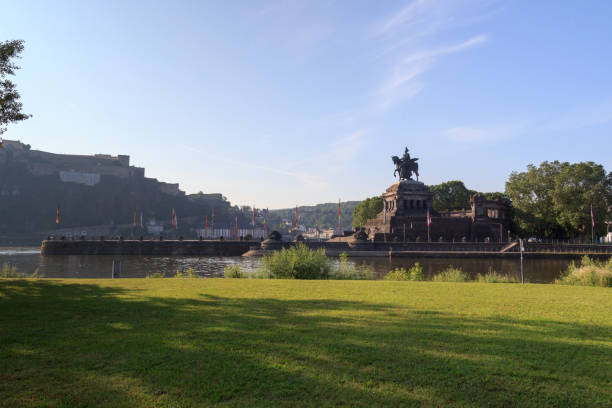 istock Deutsches Eck (German Corner) between Rhine and Moselle river with Emperor William monument statue in Koblenz, Germany 1441554168