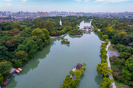 Aerial photography of Chinese garden landscape of Slender West Lake in Yangzhou