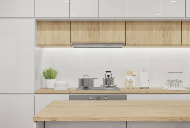 istock Kitchen island wood countertop close up view. 1441555533
