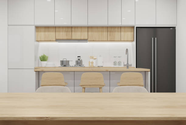 istock Dining room with wood table and chairs close up view. 1441555540