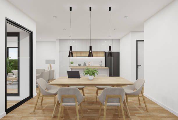 istock Dining room with table and chairs on wooden floor. 1441555549
