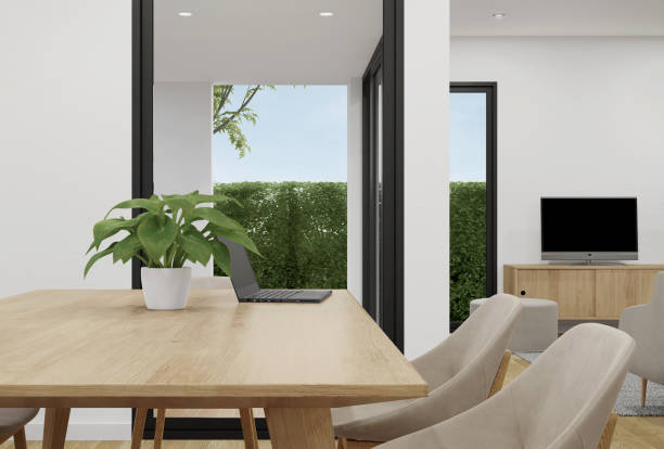istock Dining room with wood table and chairs close up view. 1441555566
