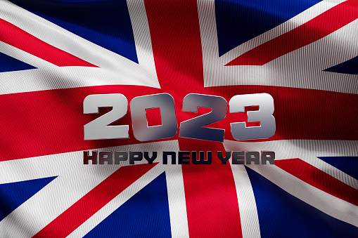 3d illustration of the national flag of Great Britain with a congratulatory inscription happy new year 2023