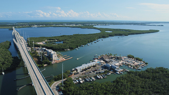 The Florida Keys - Key Largo bridge drone view at sunset