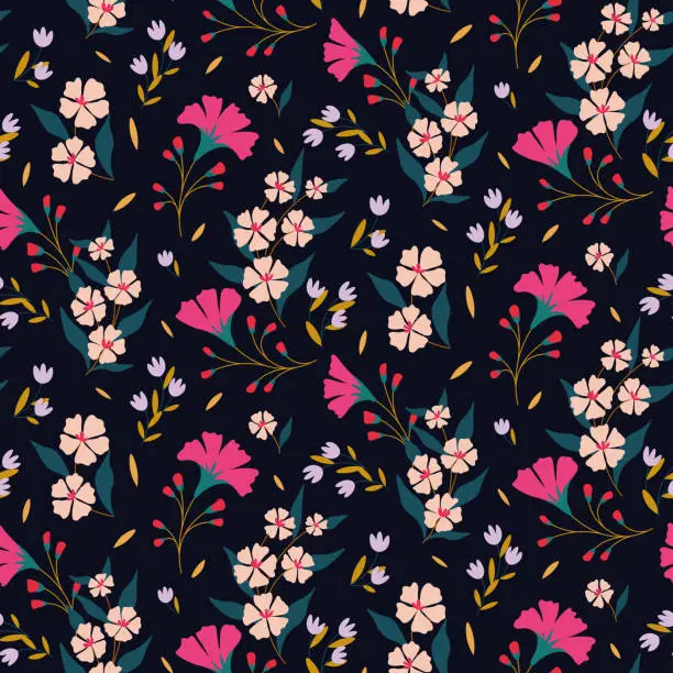 Vector illustration of Seamless floral pattern with fairytale meadow. Cute flower print, abstract arrangement of wild plants, decorative art of flowers, leaves, branches on a dark background. Vector.