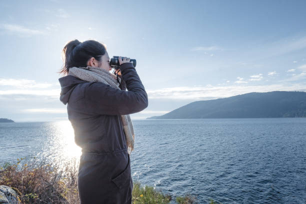 istock Eurasian Young Woman Using Binoculars at Cold, Oceanside Viewpoint, Autumn 1441562415