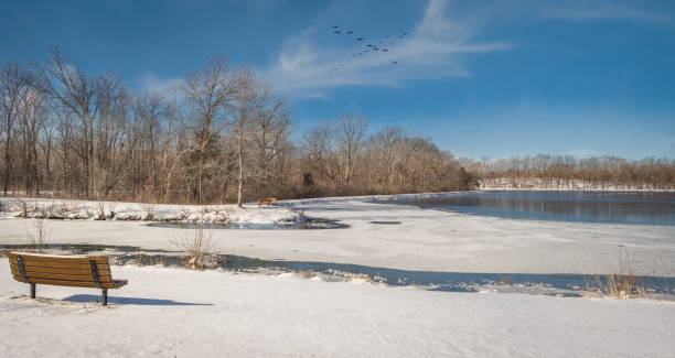 vista panorámica del lago del medio oeste cubierto de hielo derretido a principios del día de primavera - melting snowman winter spring fotografías e imágenes de stock