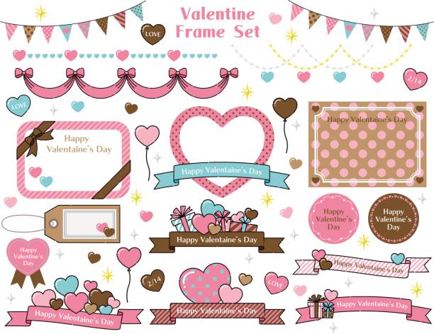 illustrazioni stock, clip art, cartoni animati e icone di tendenza di carino e adorabile set di cornici di san valentino - balloon love red gift tag