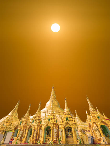 Shwedagon pagoda, Yangon, Myanmar, famous sacred place and tourist attraction landmark with background of sun rising