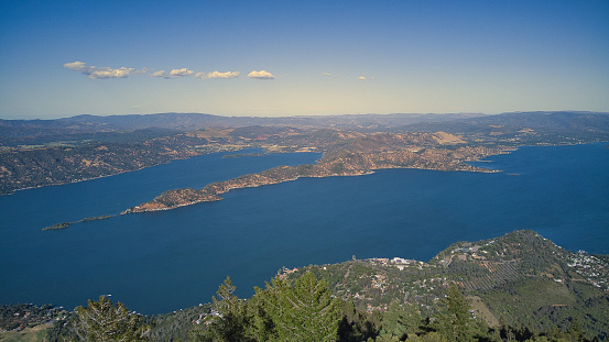 An aerial shot of Clear lake in California