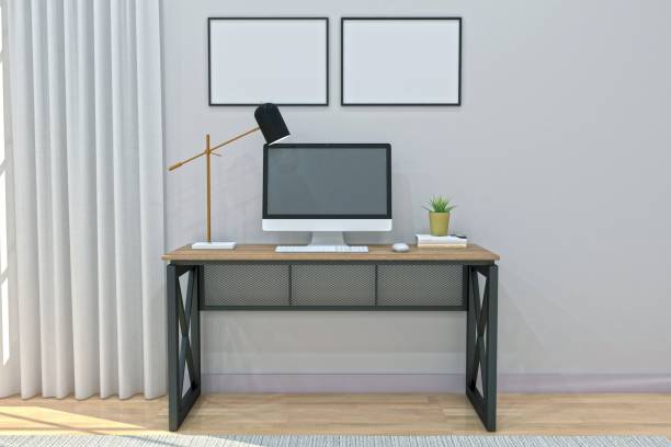 istock View of a working desk with a computer and different objects in a room - 3D rendering 1441565011