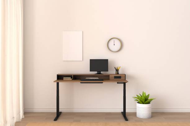 istock View of a working desk with a computer screen and different objects in a pink room - 3D rendering 1441565027